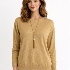 Magnolia Gold Metallic Crew Neck Sweater Shimmer Knit Long Sleeve Minimalist